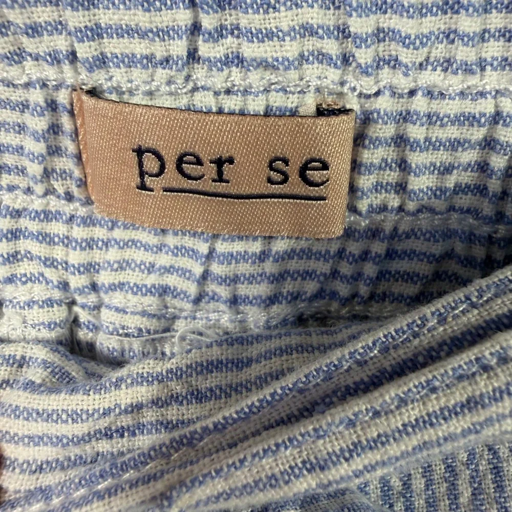 Per Se Womens Blue White Striped Linen‎ Blend Drawstring Shorts Cuffed Hem
